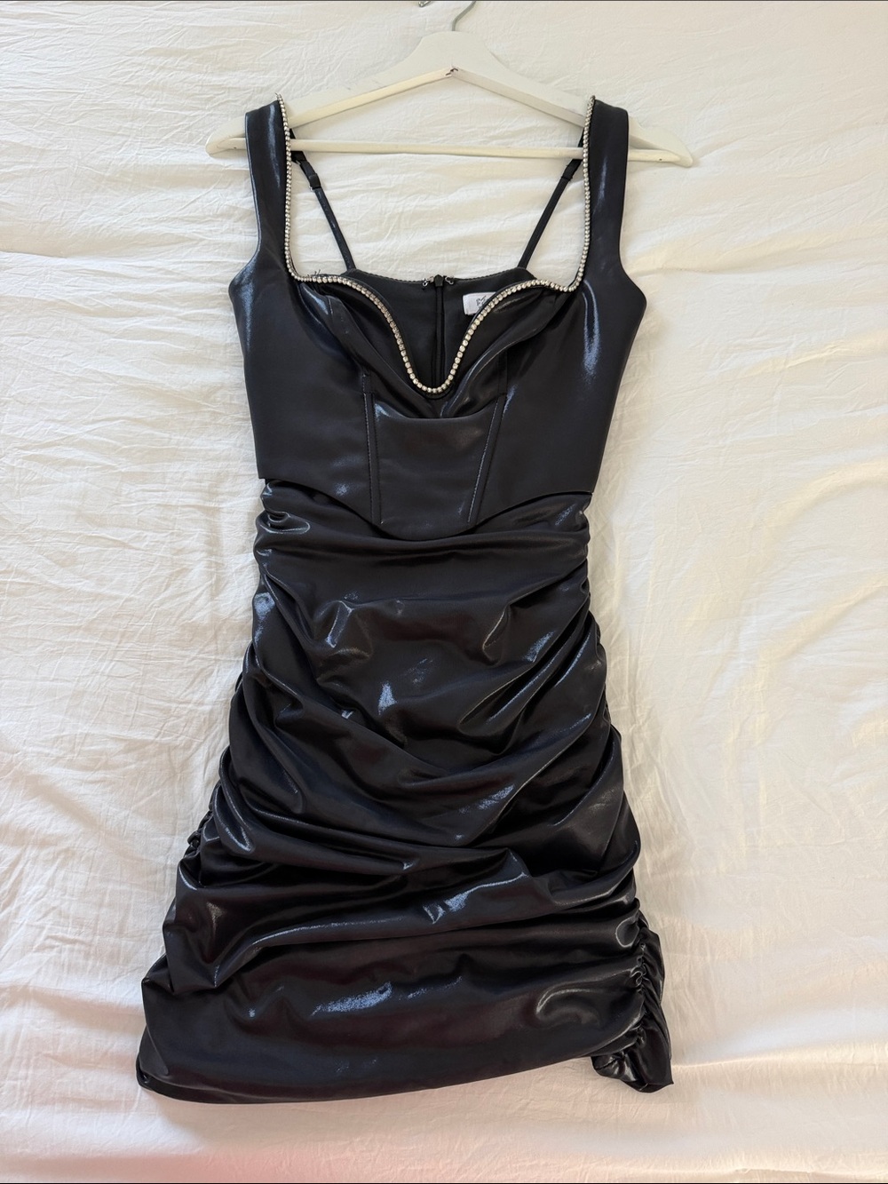 Oh Polly Black Faux Leather Mini Dress with Rhinestone Trim